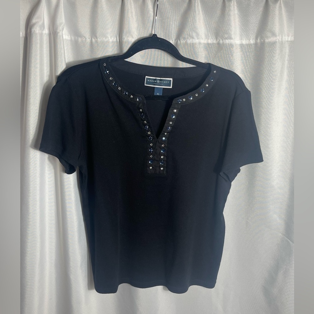 Karen Scott Petites Black Embellished Cotton Top SZ PL Short Sleeve Scoop Neck